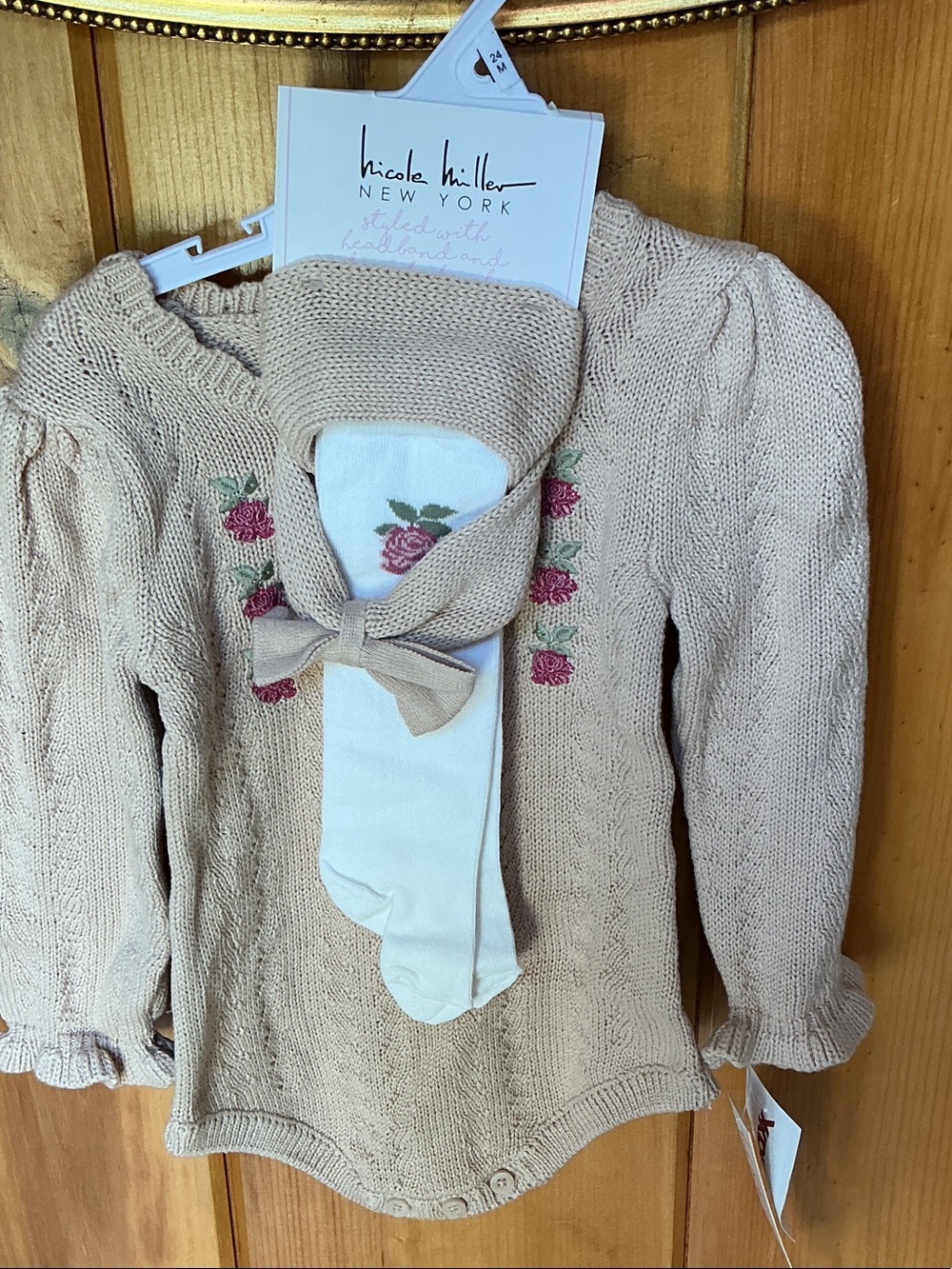 Nicole Miller Cream Knit Baby Sweater with Pink Rose Embroidery. NWT